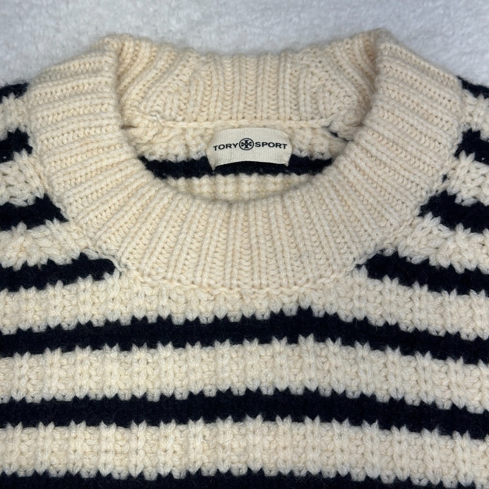 Tory Sport Merino Wool Striped‎ Sweater Cream Black Boxy Women's XS - Picture 2 of 9